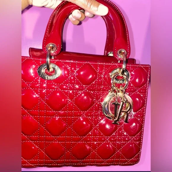 Red Patent Quilted Mini Satchel with Gold-Tone Charms - Picture 2 of 3